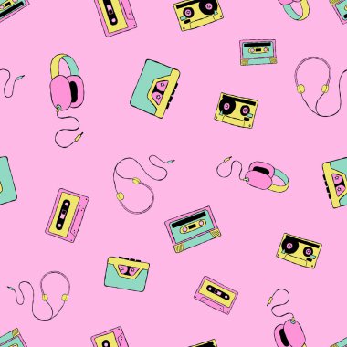 Vector nostaljik 80 'ler. Retro kaset, walkman ve kulaklıklar. Kumaş, duvar kağıdı, ambalaj kağıdı, koleksiyon kitabı projeleri için mükemmel..