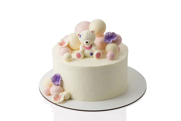 White Children Sponge Cake Decorated Chocolate Bear Chocolate Balls White — Stockfoto