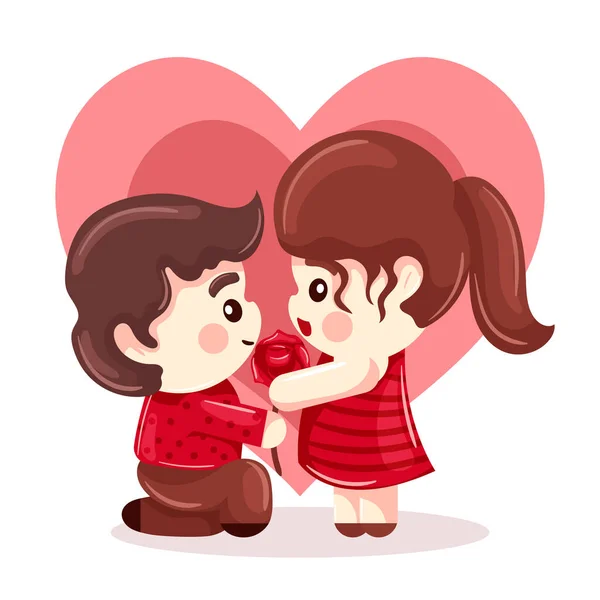 Boyfriend Declaring His Love Rose His Girlfriend Valentines Cartoon Style — Stock Vector