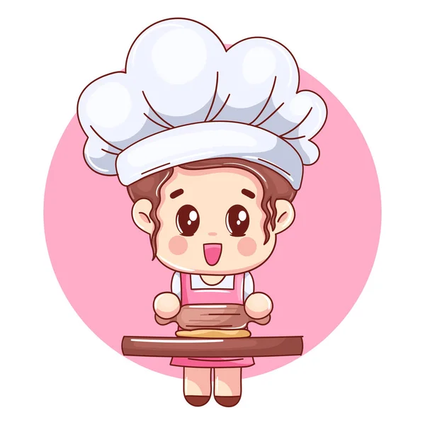卡通人物烘焙女孩在小木桌上准备面团 — 图库矢量图片