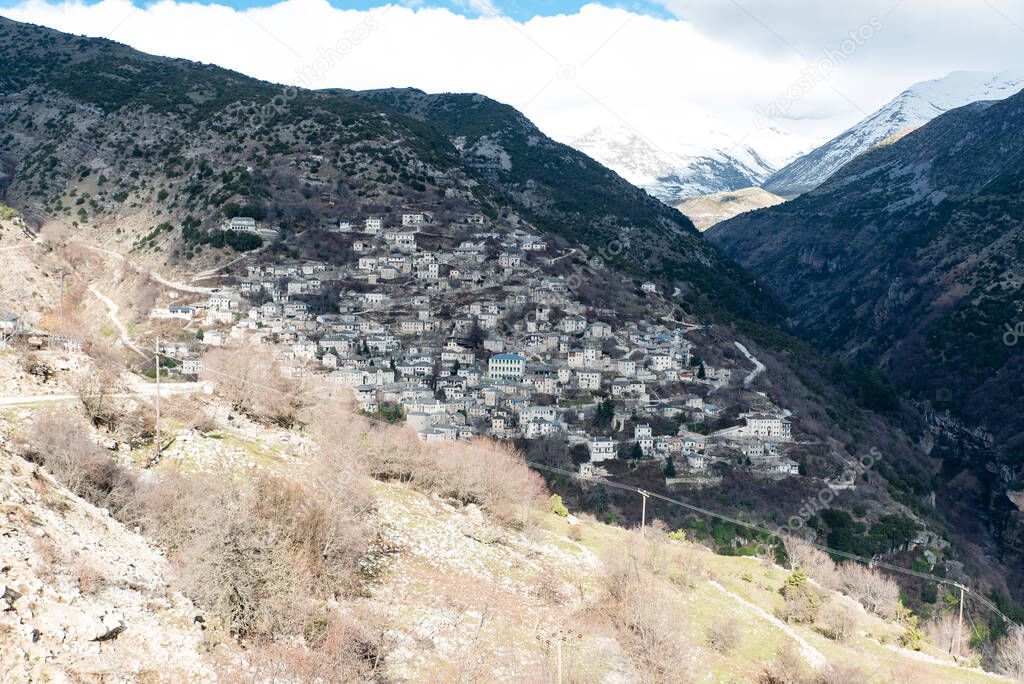 Syrrako village on a winter day at Tzoumerka, Epirus, Greece