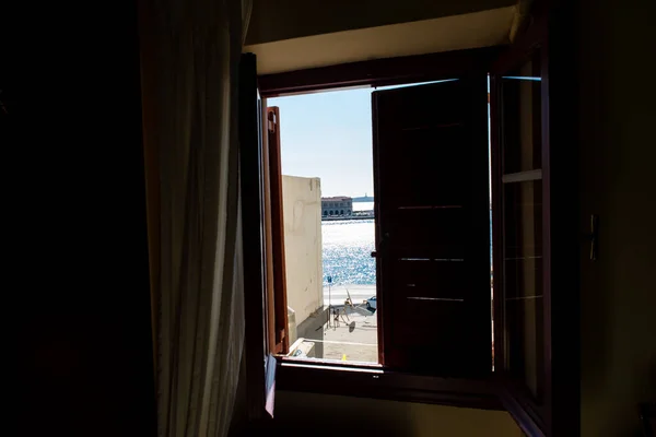 Window View Syros Port Beautiful Day Cyclades Aegean Greece — Stock Photo, Image