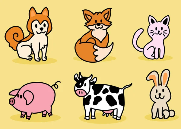 Jeu Animaux Mignon Chien Shiba Renard Chat Cochon Vache Ligne — Image vectorielle