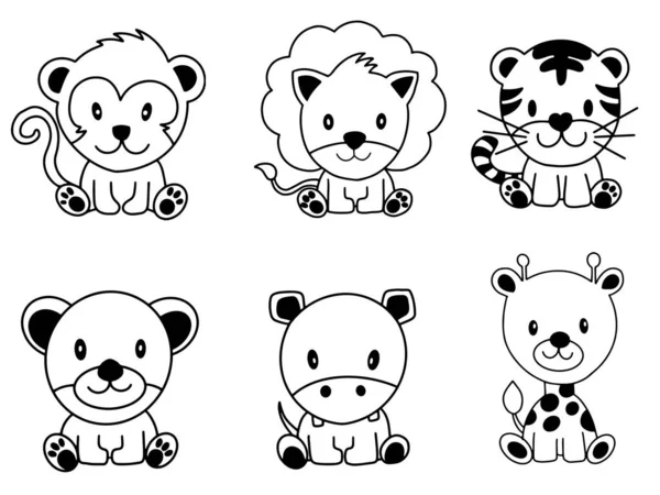 Dieren Omtrek Voor Schattige Monkey Lion Tiger Bear Hippo Giraffe — Stockvector