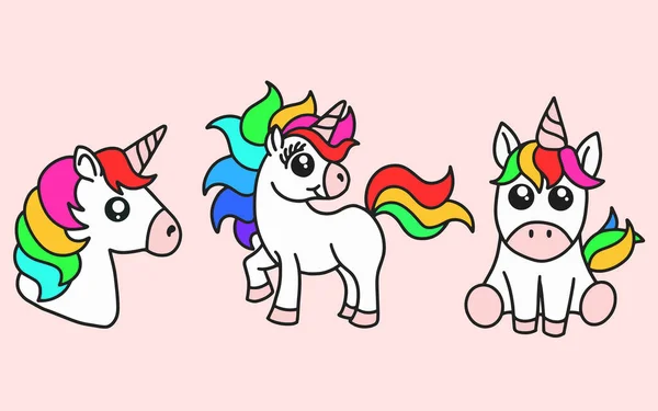 Zestaw Ładny Kolorowy Jednorożec Magia Horse Doodle Kreskówka Zwierząt Pet — Wektor stockowy