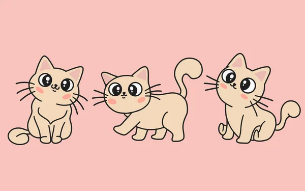 Zestaw Cute Cats Cat Kitty Cartoon Animal Pet Character Szczęśliwa — Wektor stockowy
