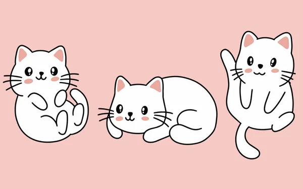 Zestaw Cute Cats Kitty Cartoon Animal Pet Character Szczęśliwa Kolekcja — Wektor stockowy