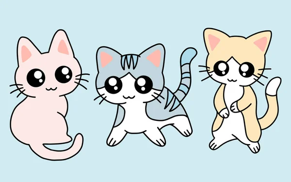 Set Van Schattige Katten Kitty Cartoon Dier Huisdier Karakter Gelukkig — Stockvector