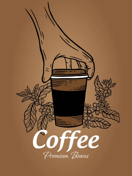 Ręcznie Rysowane Coffee Shop Fasola Cup Branch Tle Ilustracji — Wektor stockowy