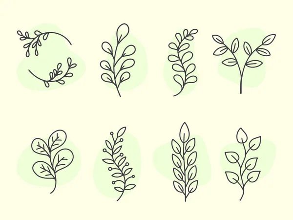 Groen Blad Bladeren Design Element Set Outline Stijl Illustratie — Stockvector