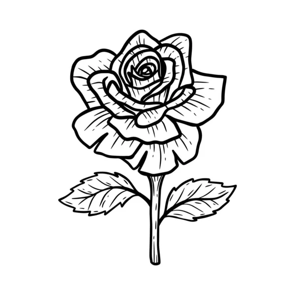 Hand Tecknade Blomma Rose Blad Naturals Isolerad Klistermärke Svart Botanisk — Stock vektor