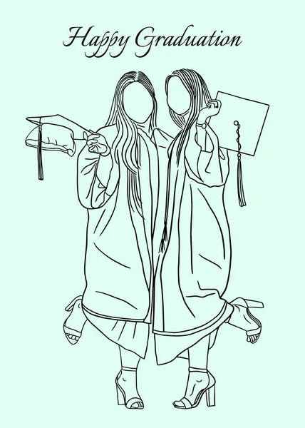 Best Friends Happy Graduation Women Line Arts Style Hand Drawn — 스톡 벡터