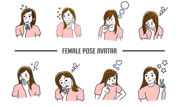 Frauen Mädchen Cute Pose Set Illustration — Stockvektor