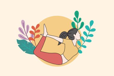 Barışçıl doğa illüstrasyonu, yoga ve sağlıklı yaşam tarzı konsepti, düz çizgi film tasarımı üzerine meditasyon yapan kadın.