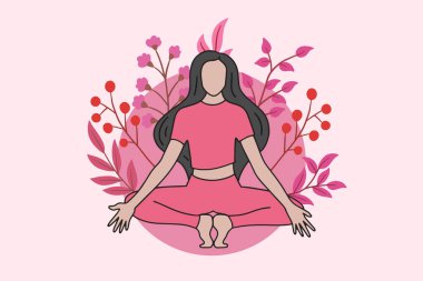 Huzurlu yoga ve sağlıklı meditasyon yapan kadın. İnsanlar ruhani poz veriyor. Düz çizgi film tasarımı.