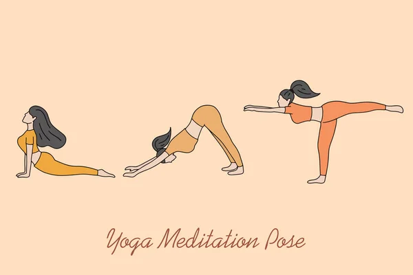 Set Van Vrouw Meisje Yoga Meditatie Mensen Pose Spirituele Platte — Stockvector