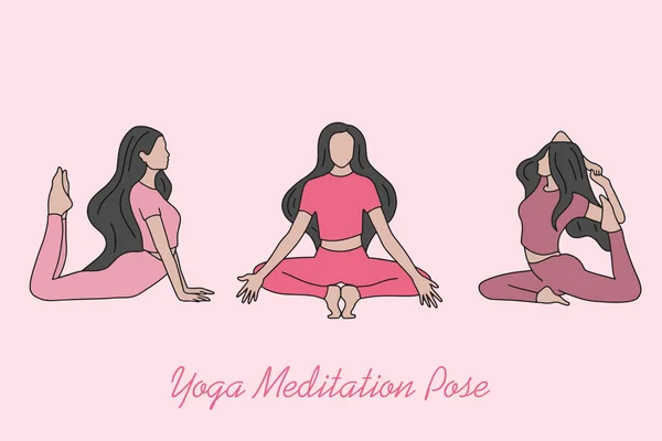 Jeu Femme Fille Yoga Méditation Personnes Pose Spirituelle Plat Illustration — Image vectorielle