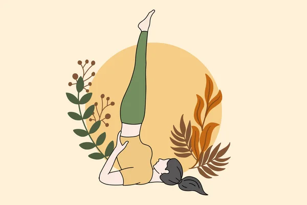 Vrouw Mediteren Rustige Natuur Illustratie Yoga Gezonde Levensstijl Concept Platte — Stockvector