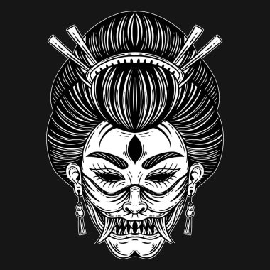 Karanlık Sanat Dehşeti Şeytan Yüzlü Geyşa Kız Dövmeli El İşleme Tarzı