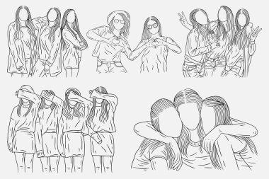 Set Bundle Happy Women and Girl Best Friend Group Line Art