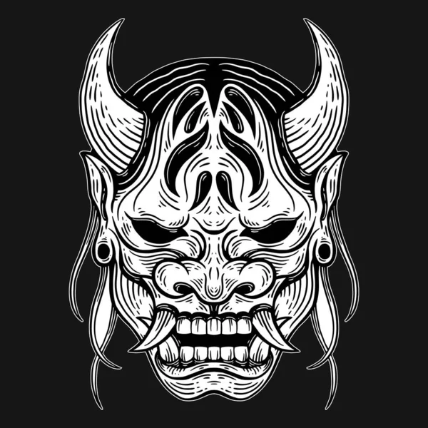 Dark Art Japanese Devil Mask Skull Hand Drawn Hatching Style —  Vetores de Stock