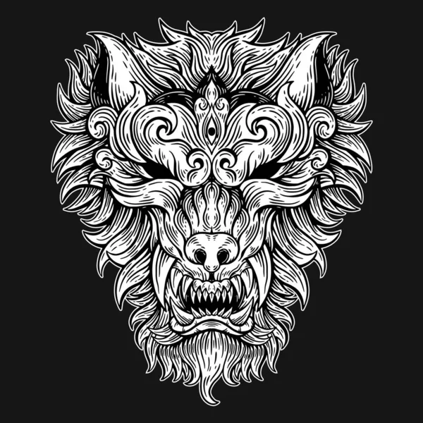 Dark Art Wolf Head Beast Hand Drawn Hatching Style — Stock vektor