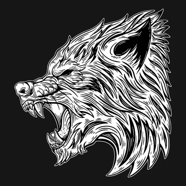 Dark Art Wolf Head Beast Hand Drawn Hatching Style — Vetor de Stock