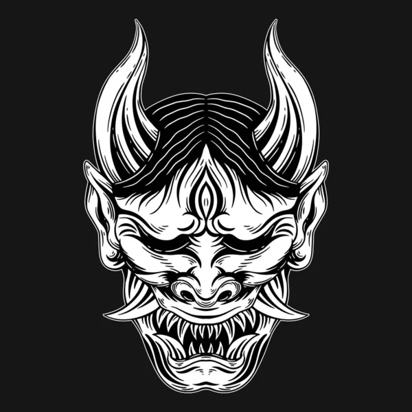 Dark Art Japanese Demon Oni Mask Tattoo Hand Drawn Hatching — Image vectorielle