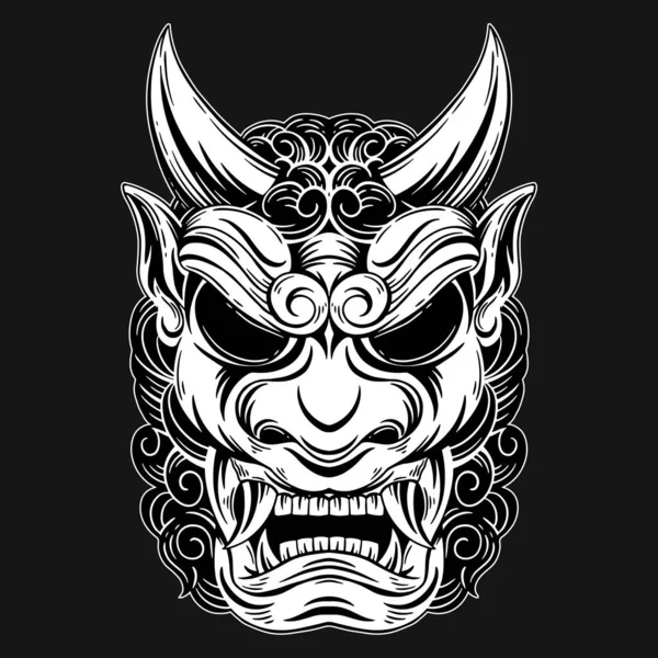 Dark Art Japanese Devil Oni Mask Tattoo Hand Drawn Hatching — Vettoriale Stock