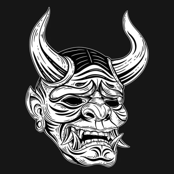 Dark Art Japanese Devil Oni Mask Tattoo Hand Drawn Engraving — Vettoriale Stock