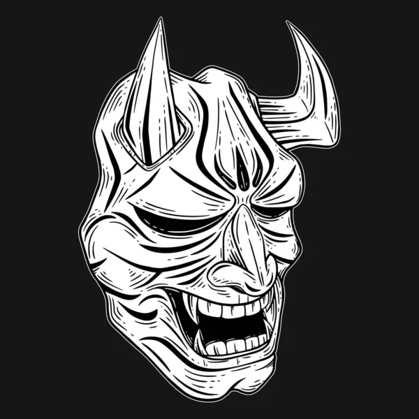 Dark Art Japanese Devil Oni Mask Tattoo Hand Drawn Engraving — 스톡 벡터