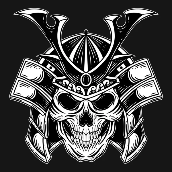 Dark Art Japanese Skull Warrior Oni Mask Tattoo Hand Drawn — Stock vektor