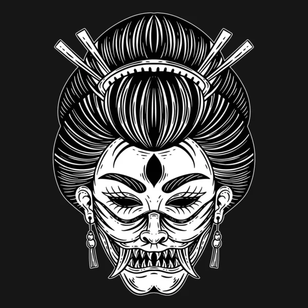 Dark Art Horror Japanese Geisha Girl Devil Mask Face Tattoo — стоковый вектор