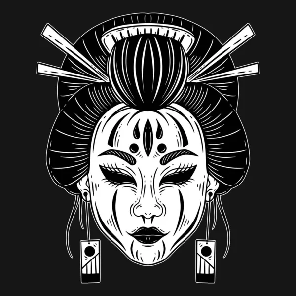 Dark Art Horror Japanese Geisha Girl Devil Mask Face Tattoo — Vetor de Stock