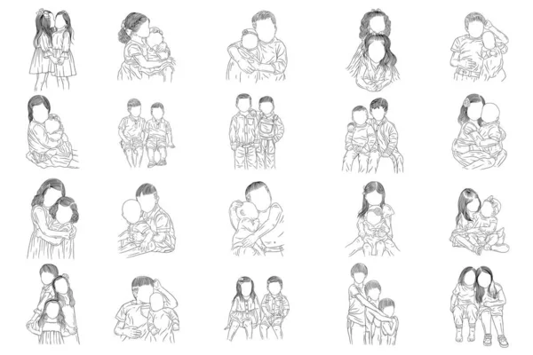 Set Mega Bundle Happy Kids Brother Sister Line Art — Stockvektor