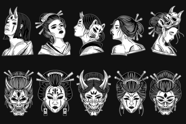 Set Mega Bundle Dark Art Horror Japanese Geisha Girl and Geisha Mask Face Tattoo Hand Drawn Engraving Style