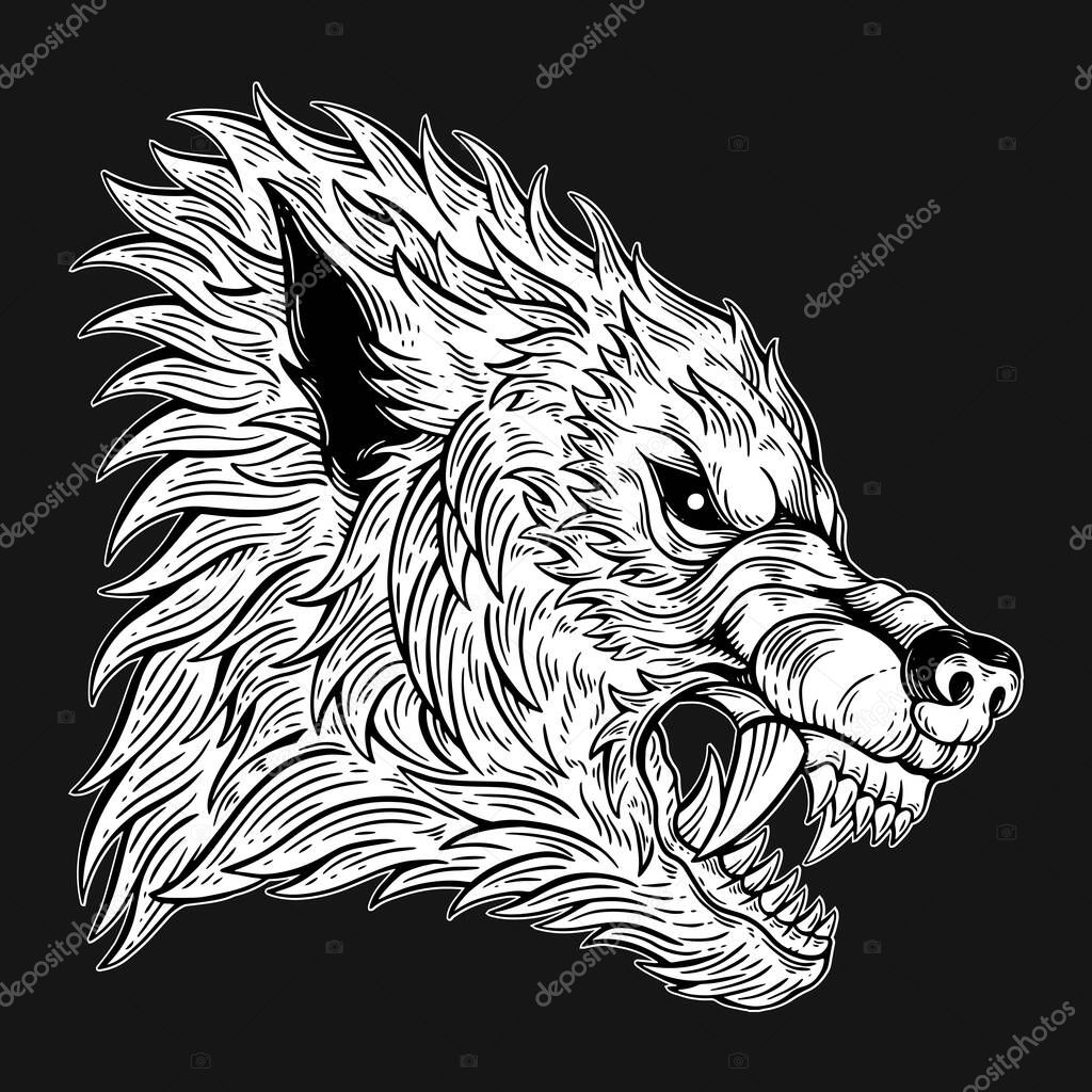 Dark Art Wolf Head Beast Hand Drawn Hatching Style