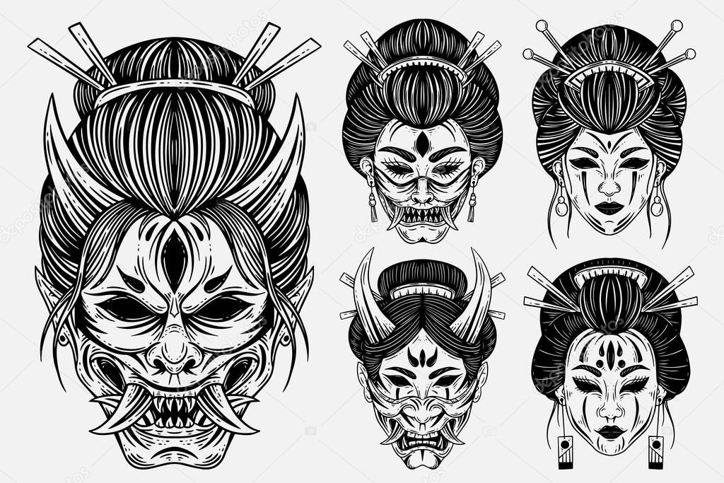 Set Bundle Dark Art Horror Japanese Geisha Girl With Devil Mask Face Tattoo Hand Drawn Engraving Style