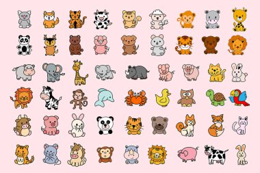 Set Mega Collection Bundle Cute Animal cartoon doodle for kids and children funny wild animal