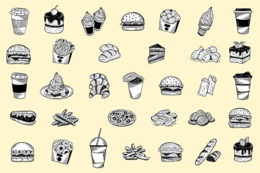 Set mega Collection of Hand Drawn french fries Fry Fast Food Coffee Packaging Menu Cafe Restaurants illustration