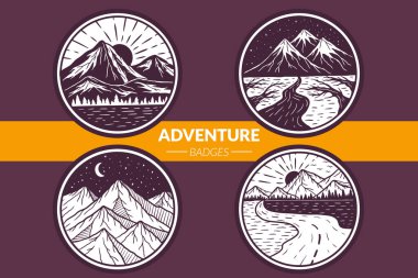 Macera Logosu Rozetleri Dağ Kamp Manzarası Vintage Açık Alan El Çizimi Clipart illüstrasyonunu Ayarla
