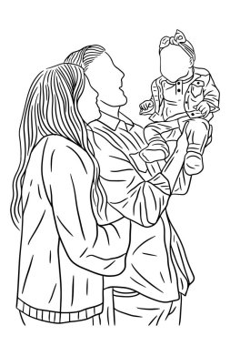 Family With Love Happy Wife and Husband With Baby and Child Line Art illustration