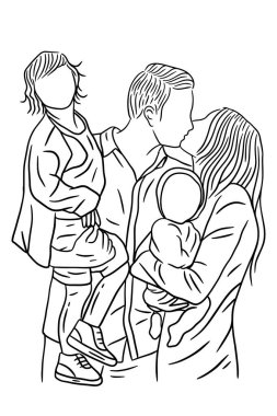 Family With Love Happy Wife and Husband With Baby and Child Line Art illustration