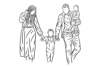 Family With Love Happy Wife and Husband With Baby and Child Line Art illustration