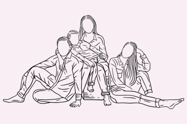 Happy Family with Couple Mom Dad and Child Line Art illustration
