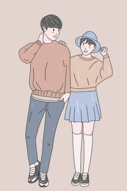 Cute Couple Happy Love Together Boyfriend and Girlfriend Women Men Girl Pastel Color Fashion Clipart Doodle Line Art illustration