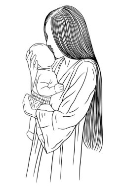 Mutlu aile, anne ve bebek doğar. Sevimli kız ve kız doğar. Ebeveyn, güçlü anne, doğum çizgisi, el çizimi.