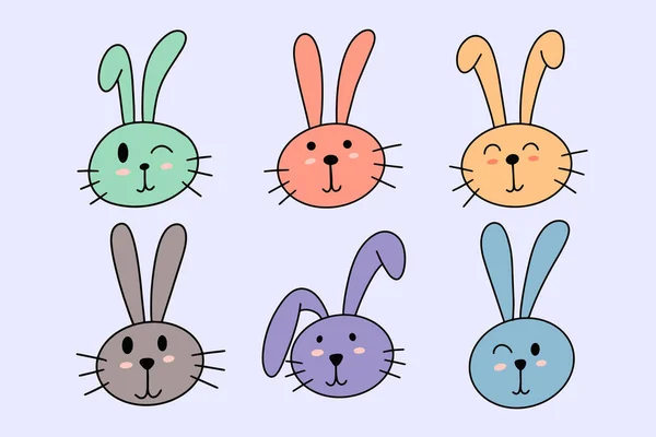 Set Collection Cute Rabbit Bunny Pose Face Ears Flat Art — Vetor de Stock