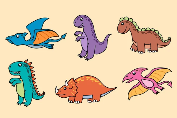 Set Kolekce Roztomilý Dinosauři Fossil Kreslený Kreslený Postava Ručně Kreslené — Stockový vektor