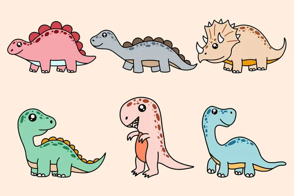 Set Collection Cute Dinosaurs Fossil Cartoon Doodle Character Hand Drawn — Vetor de Stock